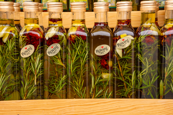 Flavored olive oil in Rovinj, Croatia market