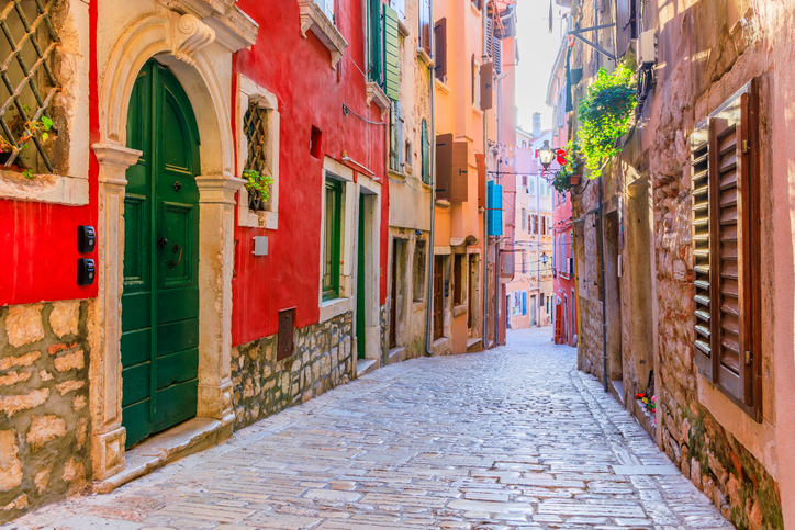 Rovinj, Croatia. Stone paved street inside the old town. Istria.