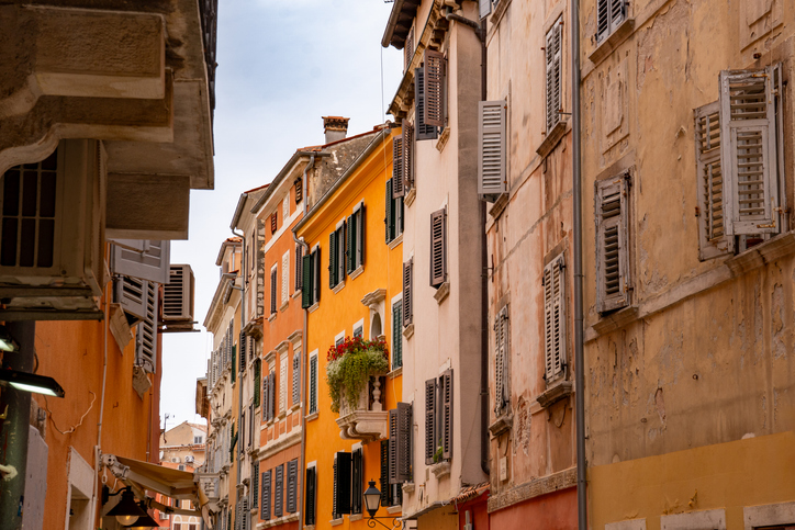 Picturesque, colorful, historic houses in the old town of Rovinj in Istria, Croatia